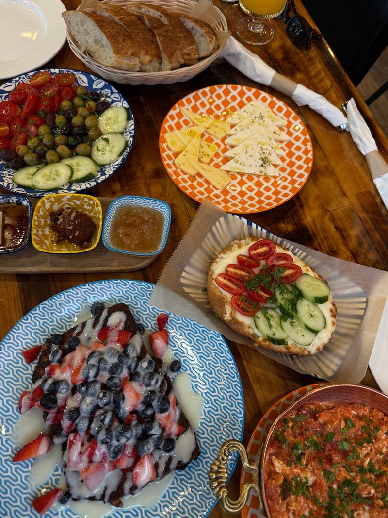 Overhead shot of a Mediterranean brunch spread
